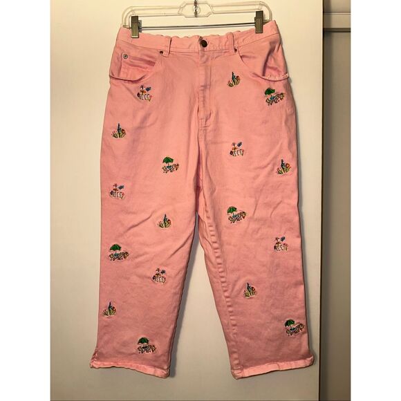 The Quacker Factory Vintage M Womens Straight Leg Pink Embroidered Pants STAIN - Picture 1 of 10